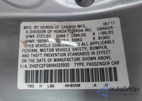 2017 Honda Civic Lx z USA, uszkodzony, nr VIN 2HGFC2F5XHH535930